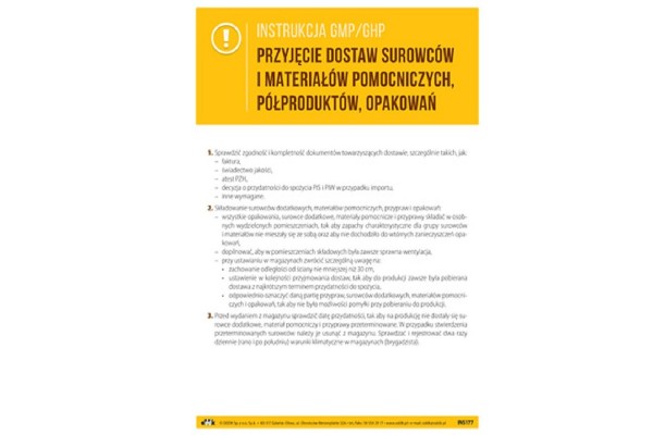 Instrukcja GMP/GHP - Przyjęcie dostaw surowców i materiałów pomocniczych, półproduktów, opakowań